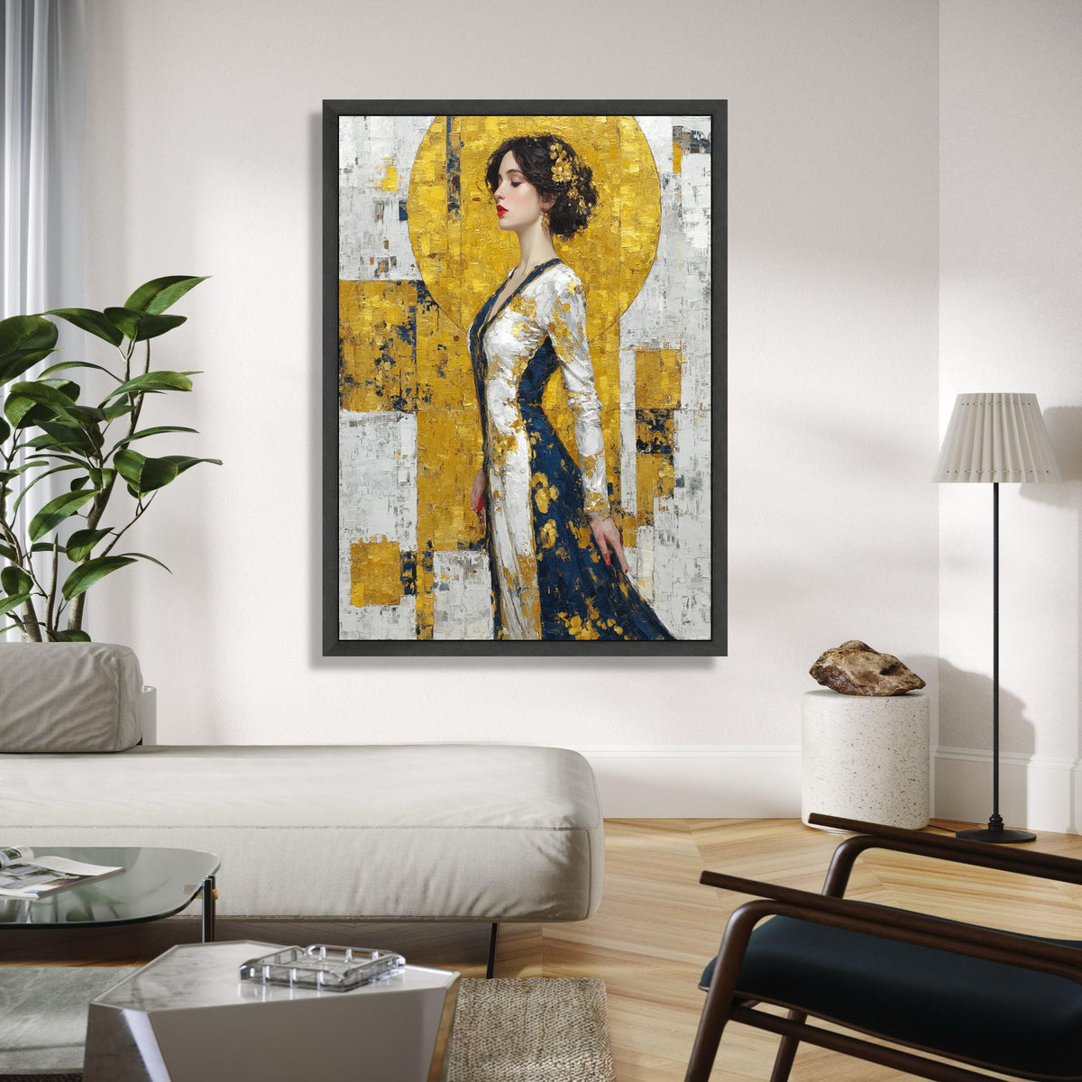 Elegant Woman Portrait Canvas, Gold and Navy Abstract Dress, Impasto Art, Modern Figurative Wall Art, Stylish Gift Art, Home Decor, Print