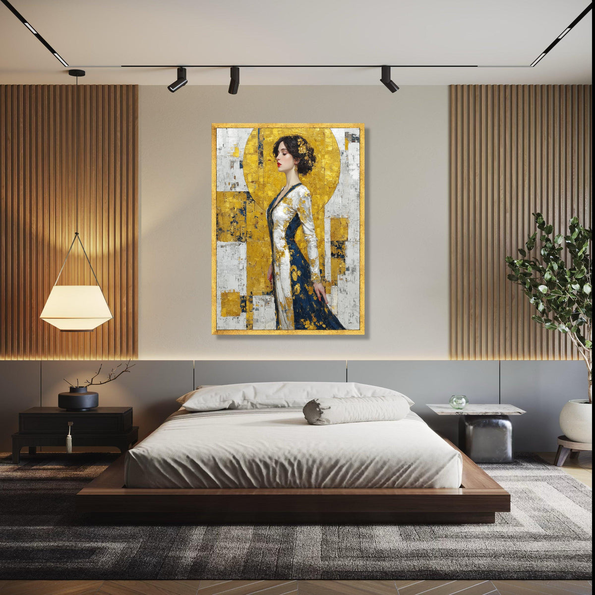 Elegant Woman Portrait Canvas, Gold and Navy Abstract Dress, Impasto Art, Modern Figurative Wall Art, Stylish Gift Art, Home Decor, Print