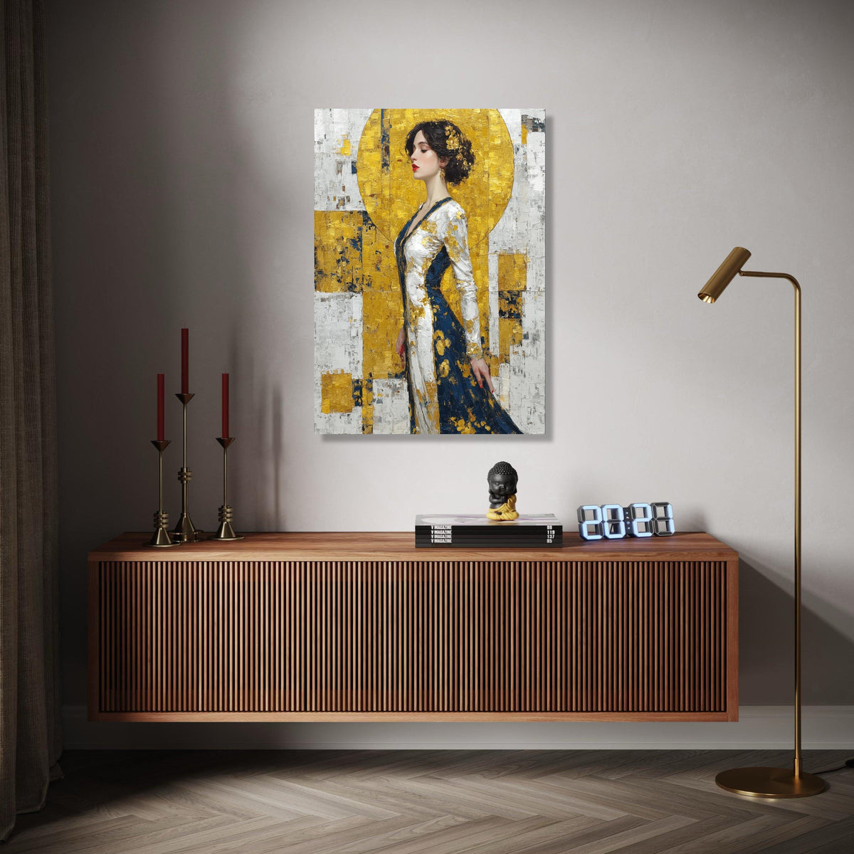 Elegant Woman Portrait Canvas, Gold and Navy Abstract Dress, Impasto Art, Modern Figurative Wall Art, Stylish Gift Art, Home Decor, Print