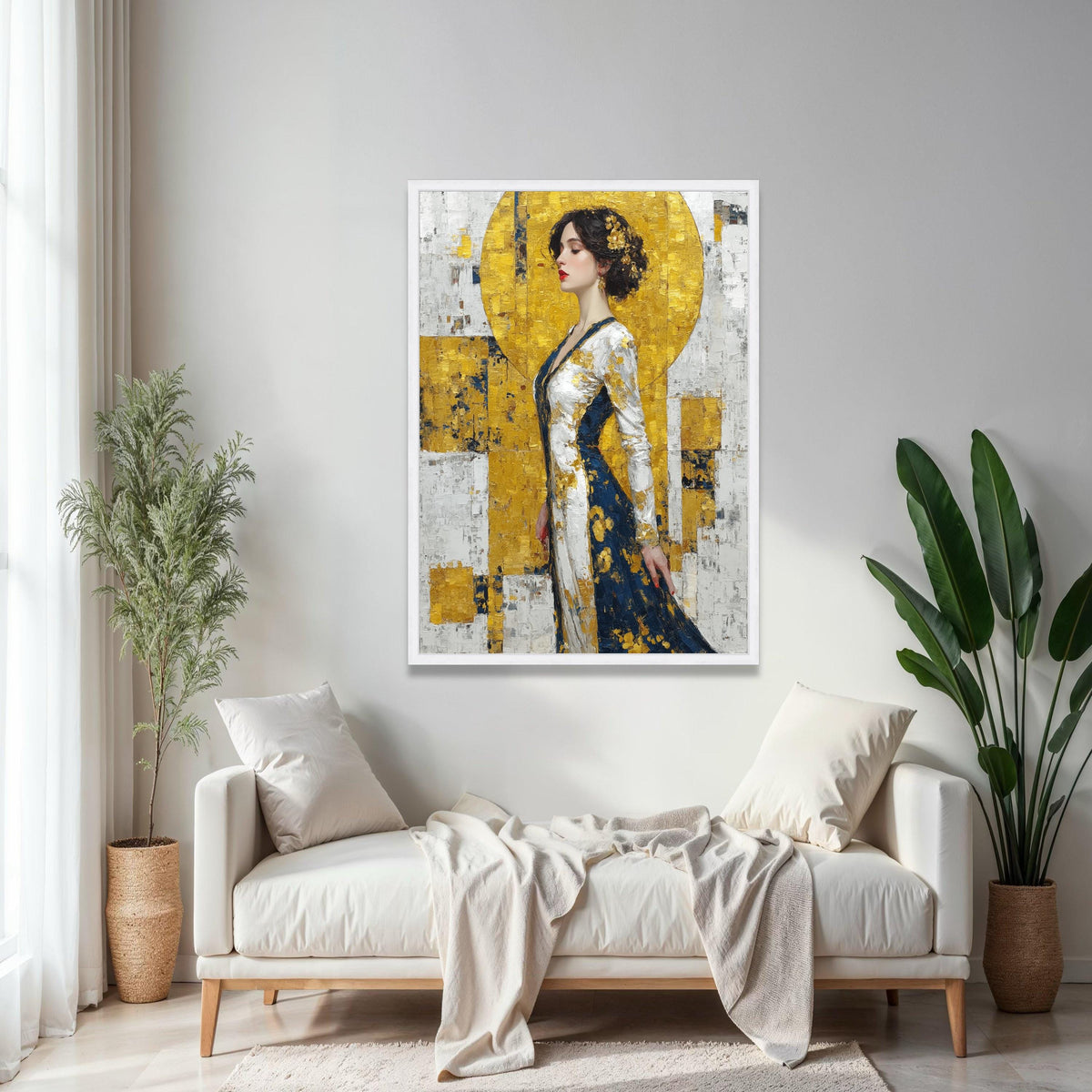 Elegant Woman Portrait Canvas, Gold and Navy Abstract Dress, Impasto Art, Modern Figurative Wall Art, Stylish Gift Art, Home Decor, Print
