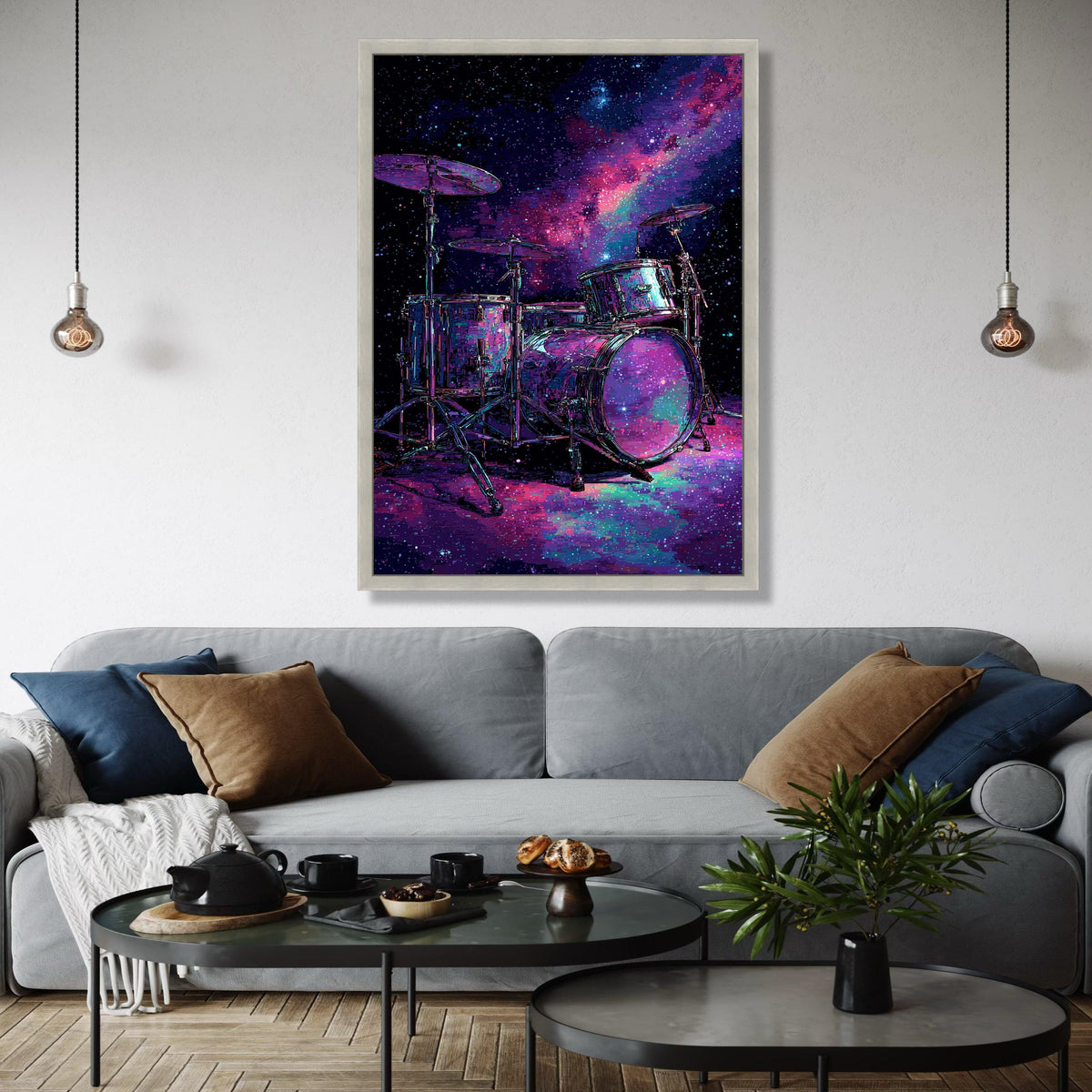 Cosmic Drum Set Canvas Wall Art, Galaxy Music Theme, Neon Space Percussion, Modern Abstract Wall Decor, Musical Gift Art, Home Decor, Print