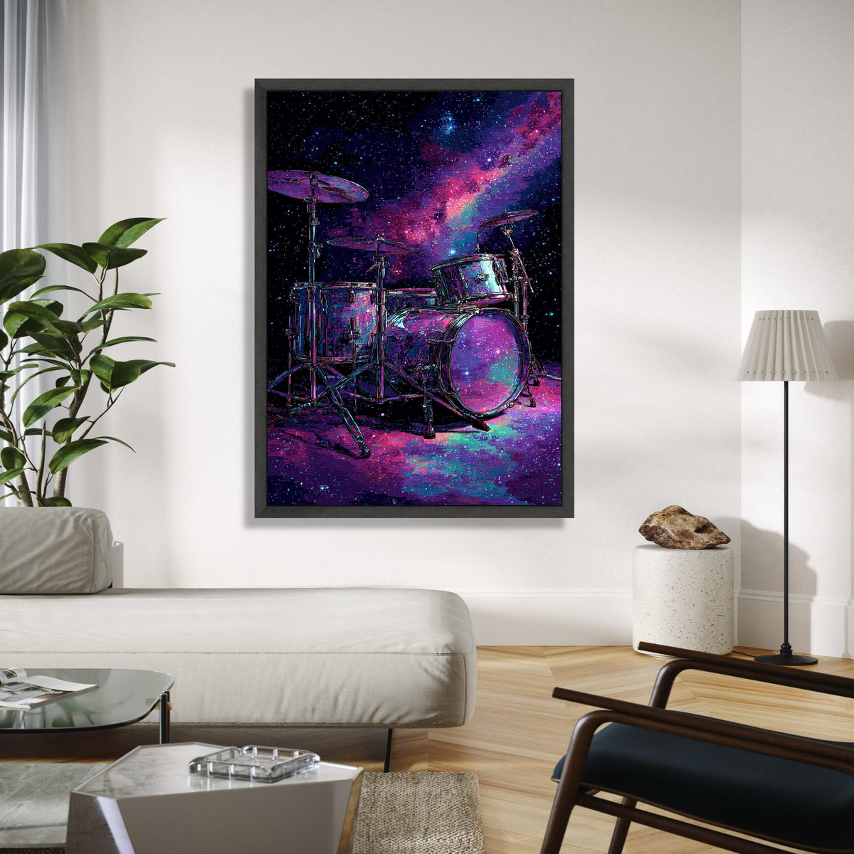 Cosmic Drum Set Canvas Wall Art, Galaxy Music Theme, Neon Space Percussion, Modern Abstract Wall Decor, Musical Gift Art, Home Decor, Print