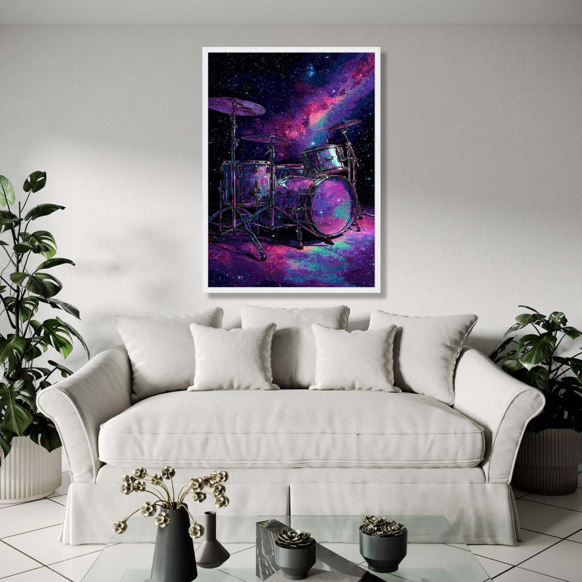 Cosmic Drum Set Canvas Wall Art, Galaxy Music Theme, Neon Space Percussion, Modern Abstract Wall Decor, Musical Gift Art, Home Decor, Print