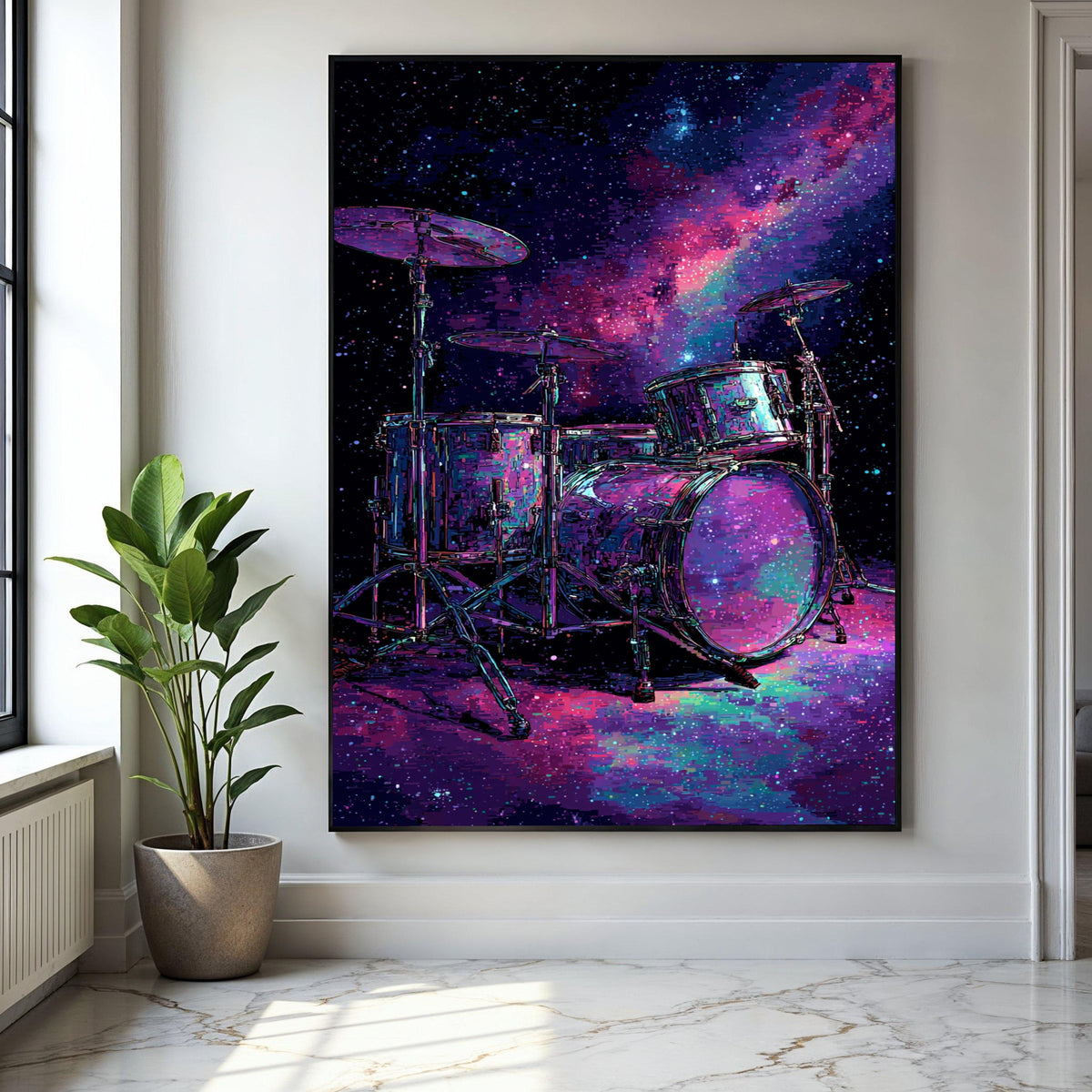 Cosmic Drum Set Canvas Wall Art, Galaxy Music Theme, Neon Space Percussion, Modern Abstract Wall Decor, Musical Gift Art, Home Decor, Print