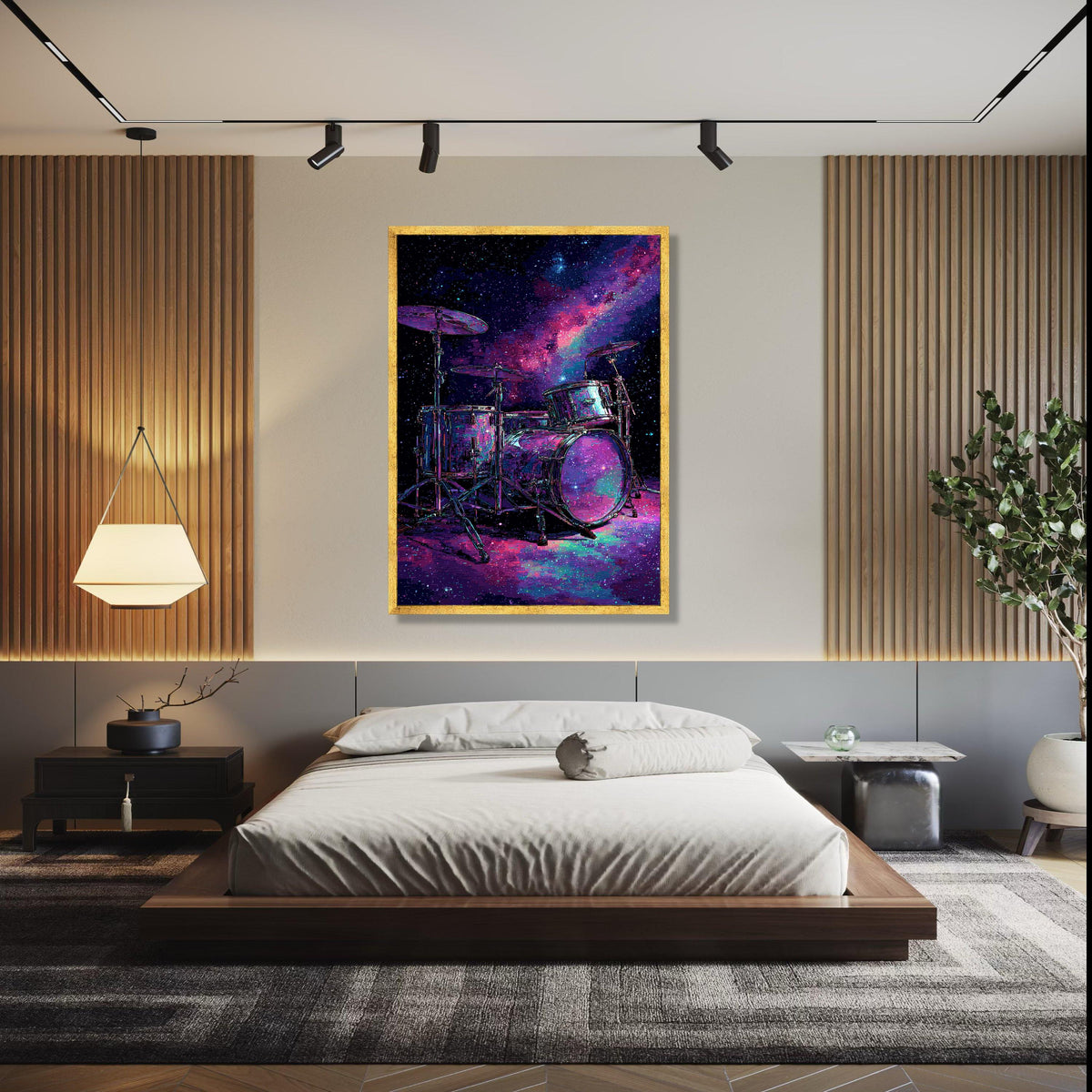 Cosmic Drum Set Canvas Wall Art, Galaxy Music Theme, Neon Space Percussion, Modern Abstract Wall Decor, Musical Gift Art, Home Decor, Print