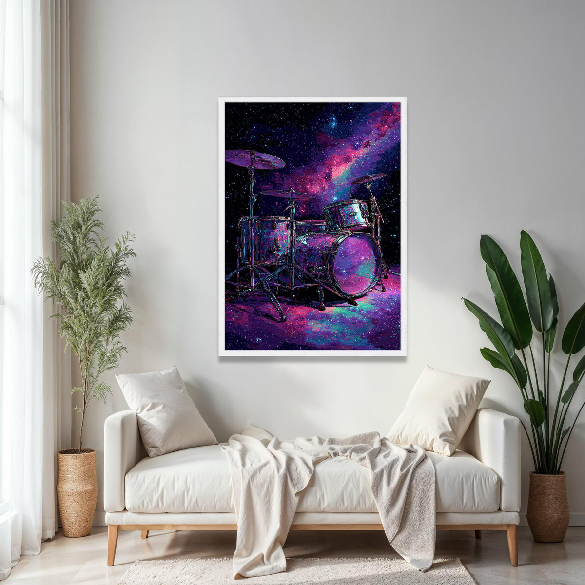 Cosmic Drum Set Canvas Wall Art, Galaxy Music Theme, Neon Space Percussion, Modern Abstract Wall Decor, Musical Gift Art, Home Decor, Print