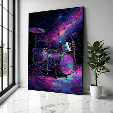 Cosmic Drum Set Canvas Wall Art, Galaxy Music Theme, Neon Space Percussion, Modern Abstract Wall Decor, Musical Gift Art, Home Decor, Print