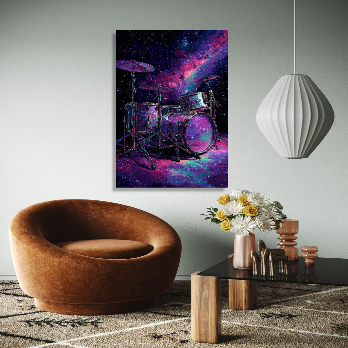 Cosmic Drum Set Canvas Wall Art, Galaxy Music Theme, Neon Space Percussion, Modern Abstract Wall Decor, Musical Gift Art, Home Decor, Print