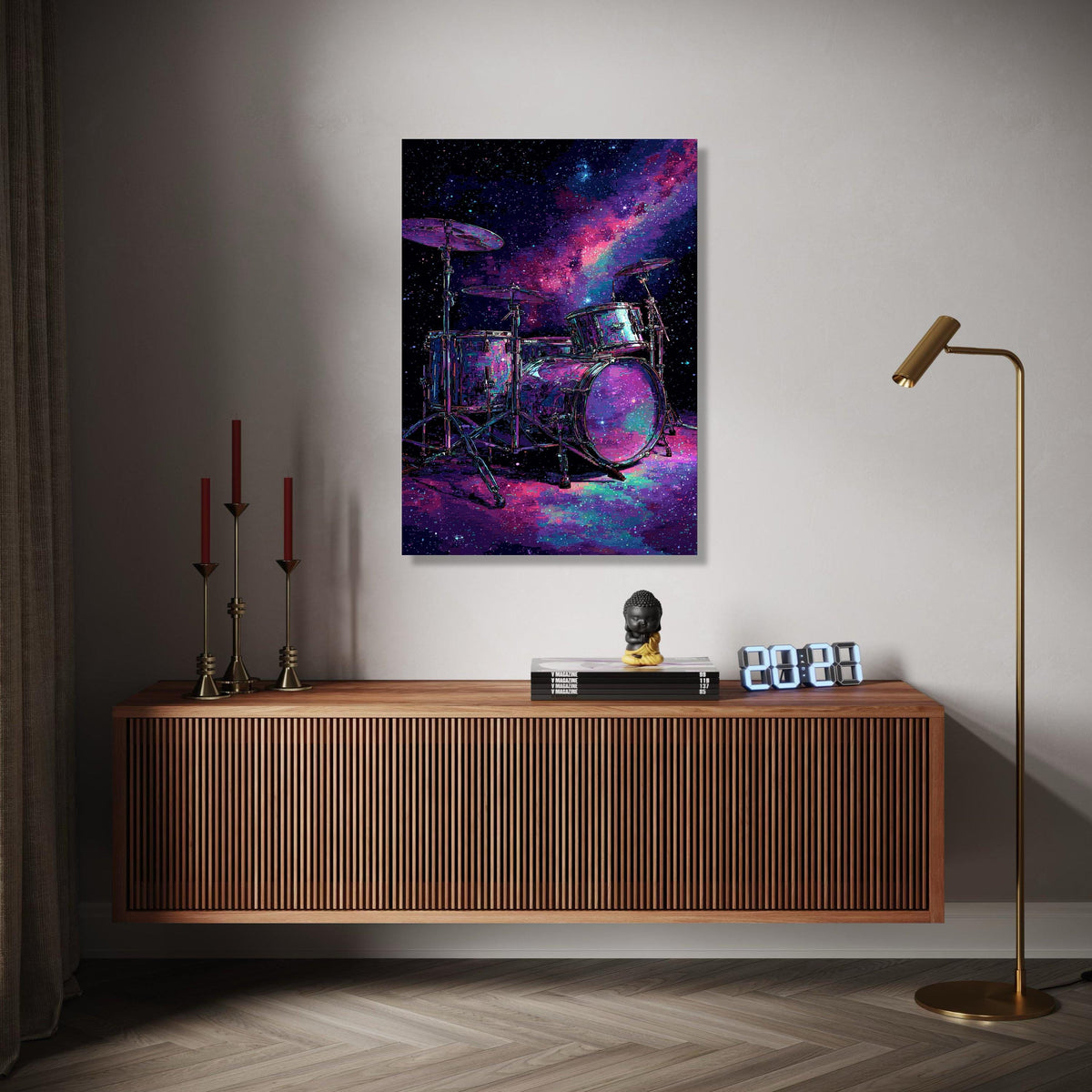Cosmic Drum Set Canvas Wall Art, Galaxy Music Theme, Neon Space Percussion, Modern Abstract Wall Decor, Musical Gift Art, Home Decor, Print