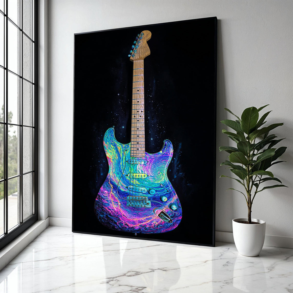 Psychedelic Electric Guitar Canvas, Colorful Music Wall Art, Neon Rock Instrument Decor, Vibrant Electric Guitar Gift Art, Home Decor, Print