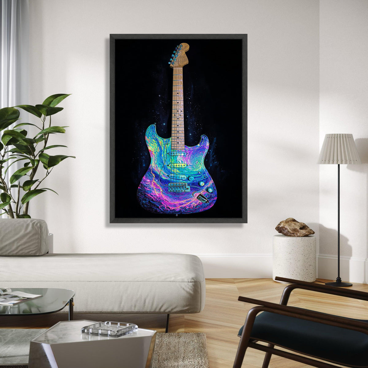 Psychedelic Electric Guitar Canvas, Colorful Music Wall Art, Neon Rock Instrument Decor, Vibrant Electric Guitar Gift Art, Home Decor, Print