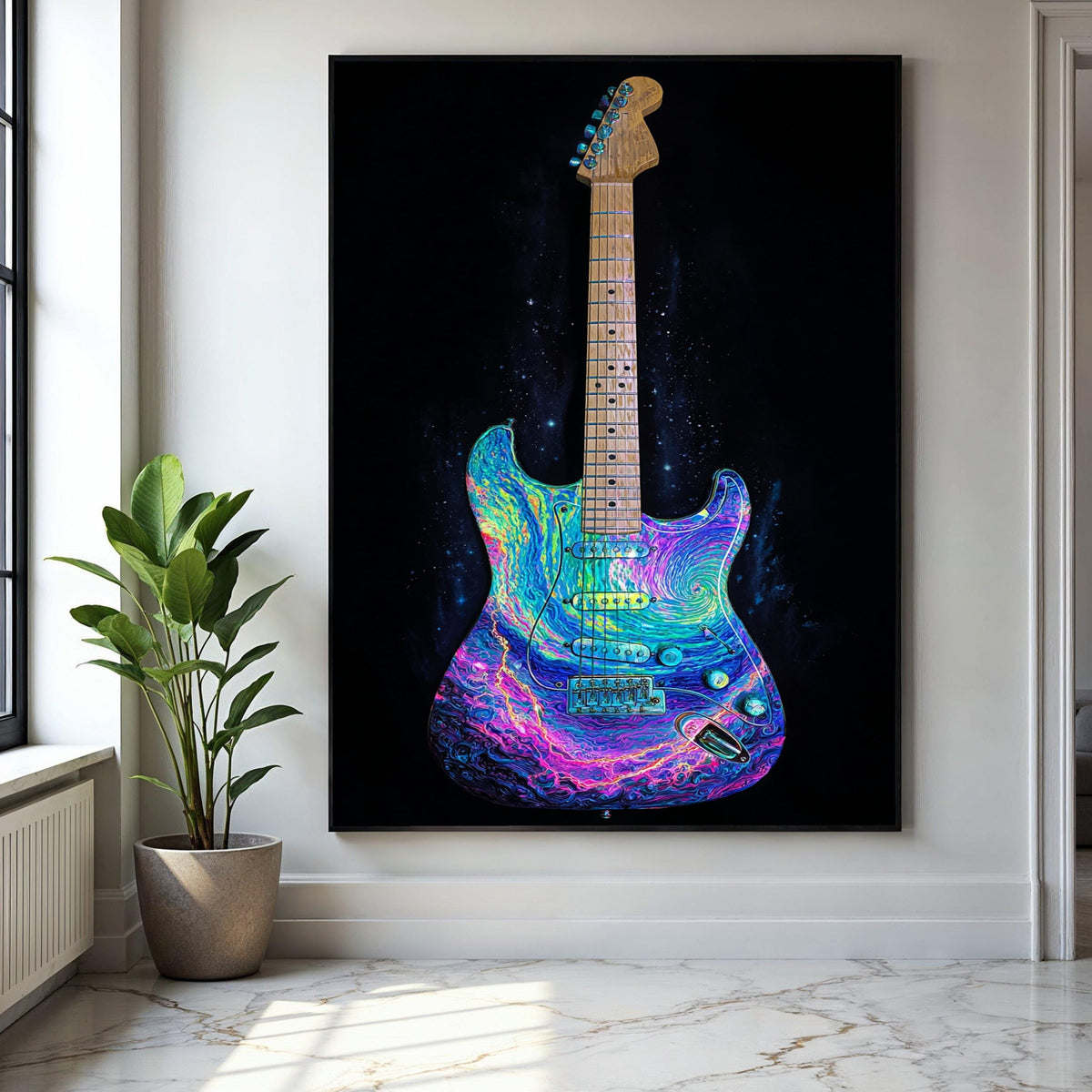 Psychedelic Electric Guitar Canvas, Colorful Music Wall Art, Neon Rock Instrument Decor, Vibrant Electric Guitar Gift Art, Home Decor, Print