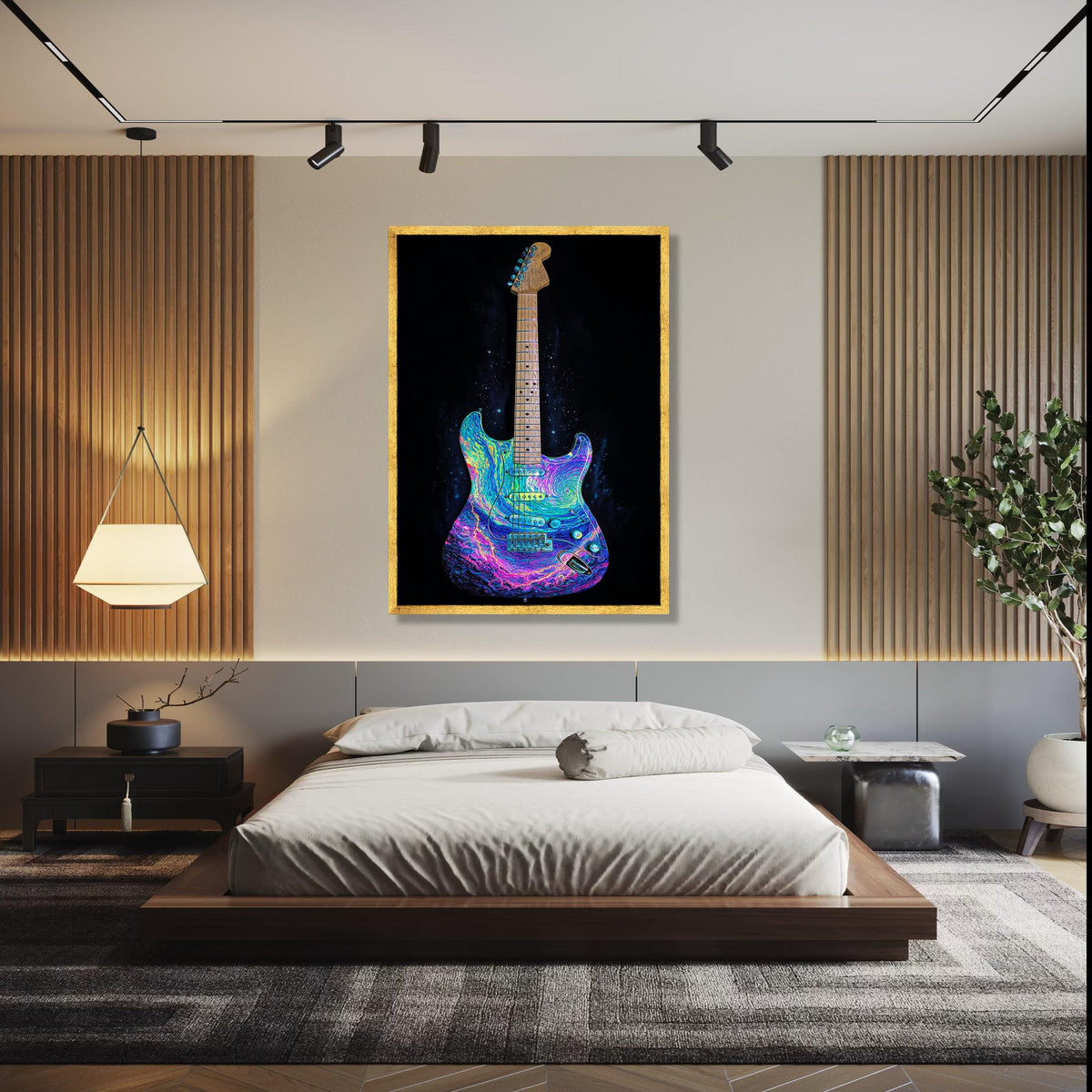 Psychedelic Electric Guitar Canvas, Colorful Music Wall Art, Neon Rock Instrument Decor, Vibrant Electric Guitar Gift Art, Home Decor, Print