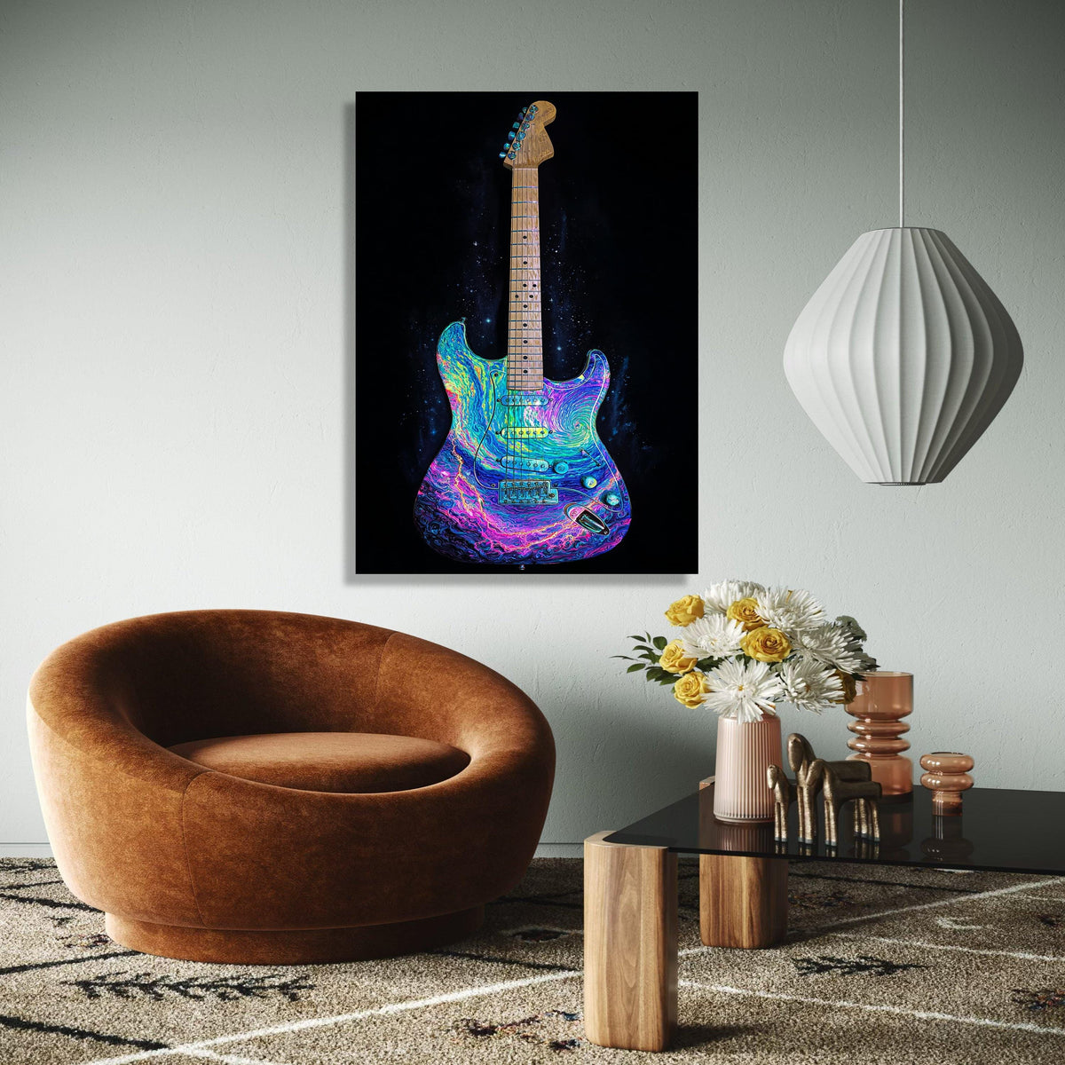 Psychedelic Electric Guitar Canvas, Colorful Music Wall Art, Neon Rock Instrument Decor, Vibrant Electric Guitar Gift Art, Home Decor, Print