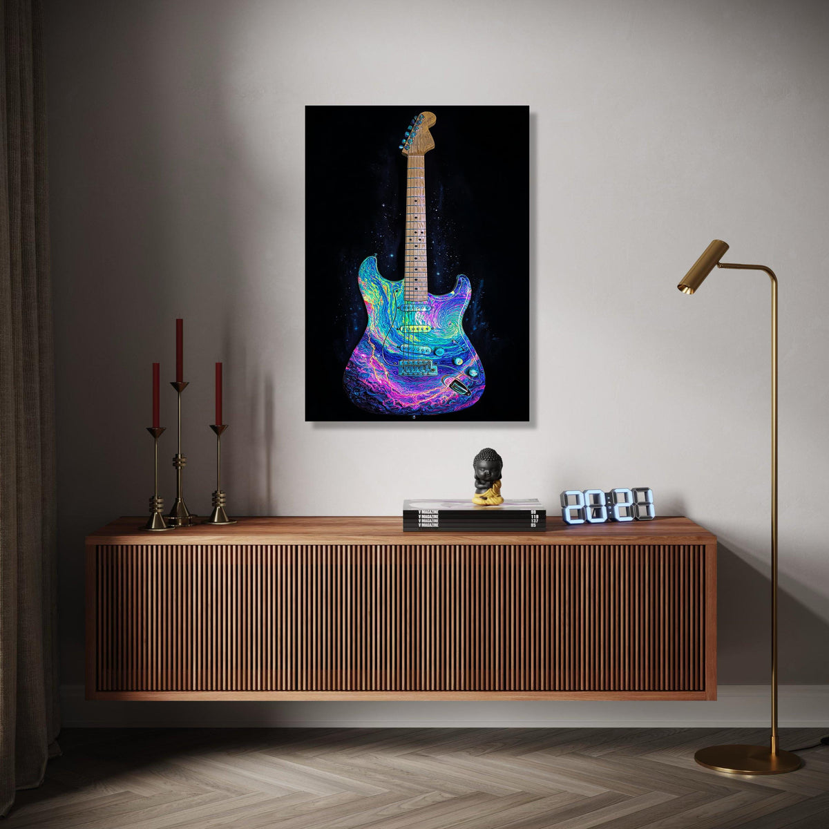 Psychedelic Electric Guitar Canvas, Colorful Music Wall Art, Neon Rock Instrument Decor, Vibrant Electric Guitar Gift Art, Home Decor, Print
