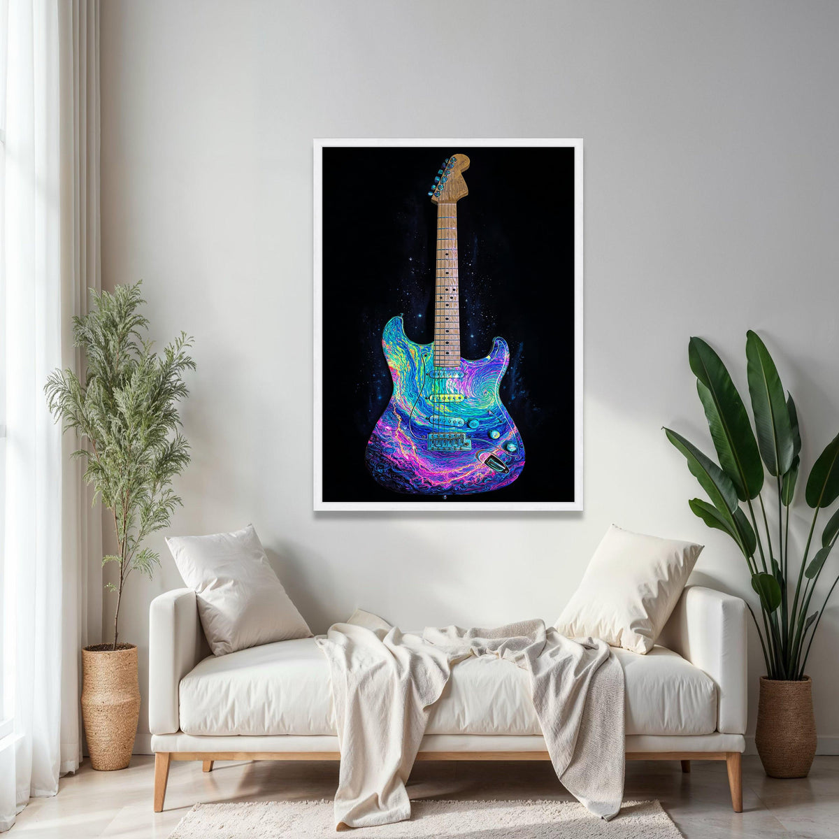 Psychedelic Electric Guitar Canvas, Colorful Music Wall Art, Neon Rock Instrument Decor, Vibrant Electric Guitar Gift Art, Home Decor, Print