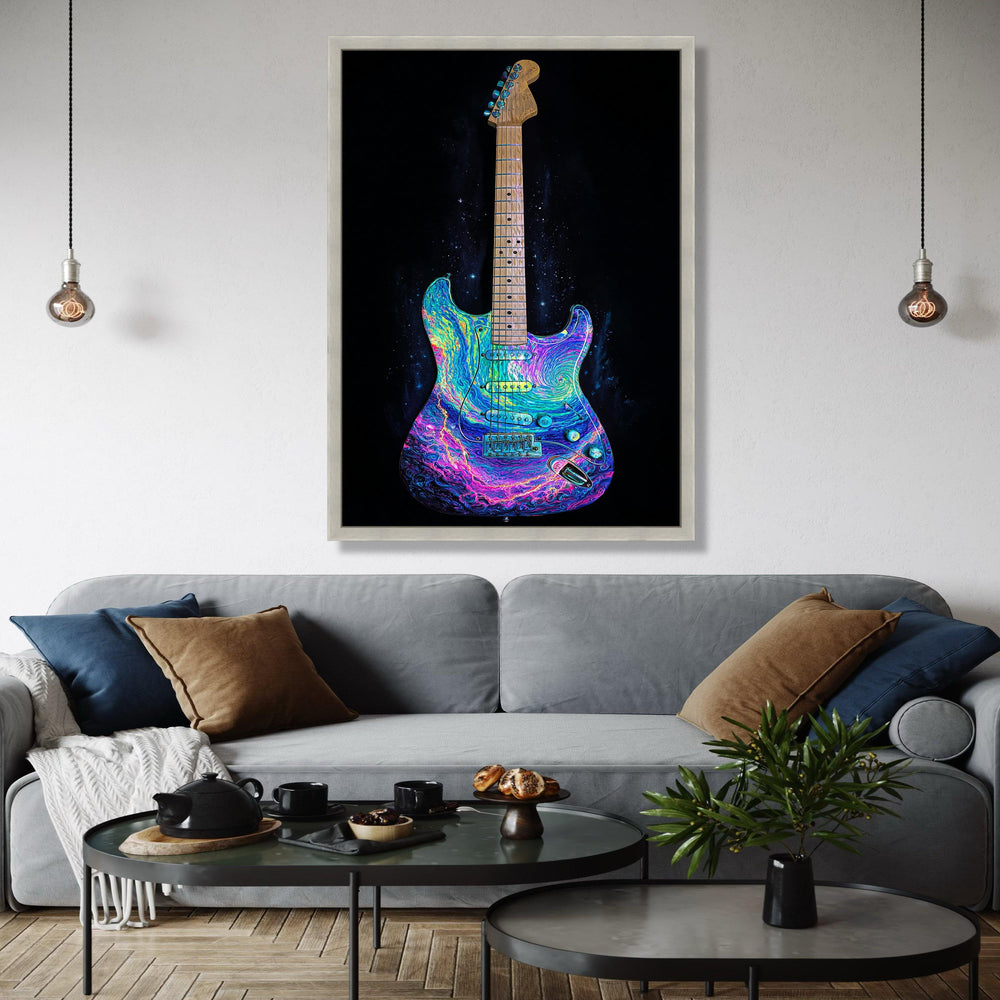 Psychedelic Electric Guitar Canvas, Colorful Music Wall Art, Neon Rock Instrument Decor, Vibrant Electric Guitar Gift Art, Home Decor, Print