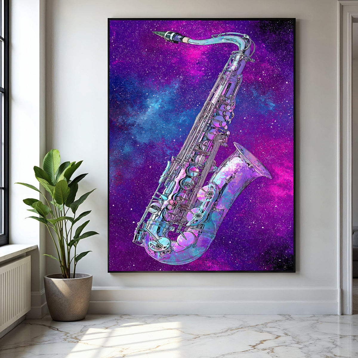 Cosmic Saxophone Art, Galaxy Music Canvas, Colorful Instrument Wall Decor, Abstract Space Canvas, Jazz Musician Gift Art, Home Decor, Print