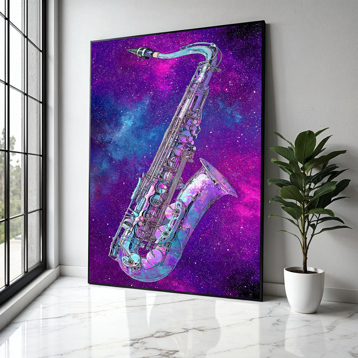 Cosmic Saxophone Art, Galaxy Music Canvas, Colorful Instrument Wall Decor, Abstract Space Canvas, Jazz Musician Gift Art, Home Decor, Print