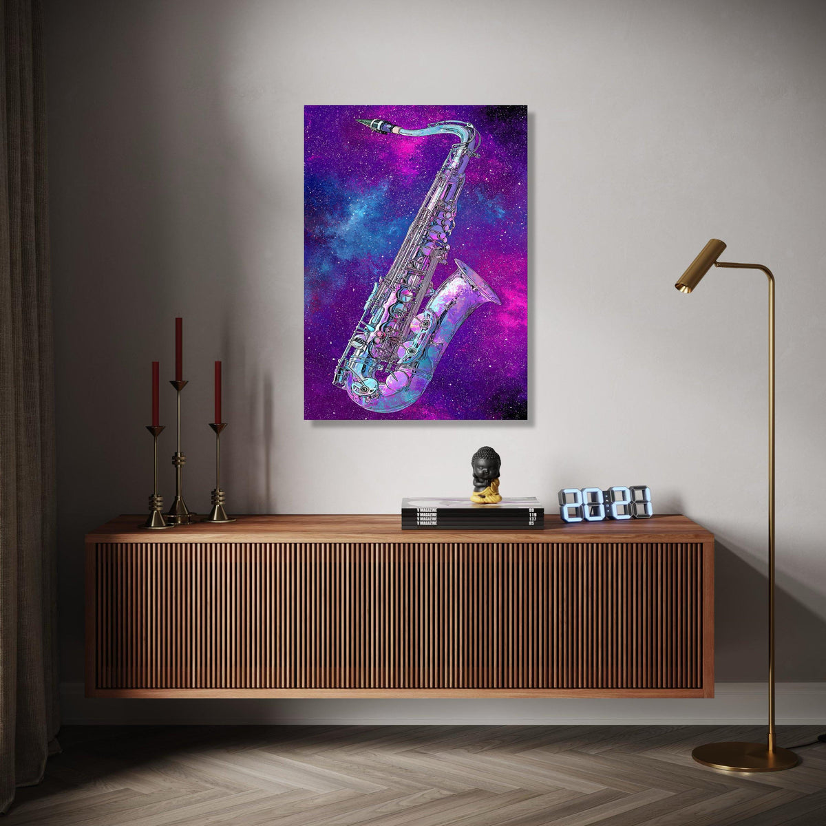 Cosmic Saxophone Art, Galaxy Music Canvas, Colorful Instrument Wall Decor, Abstract Space Canvas, Jazz Musician Gift Art, Home Decor, Print