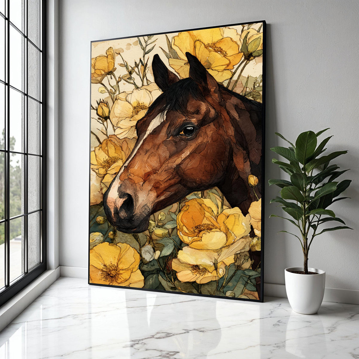 Rustic Horse Portrait Canvas, Floral Wall Art, Yellow Flower Decor, Country Style Canvas, Animal Artwork for Gift Art, Home Decor, Print