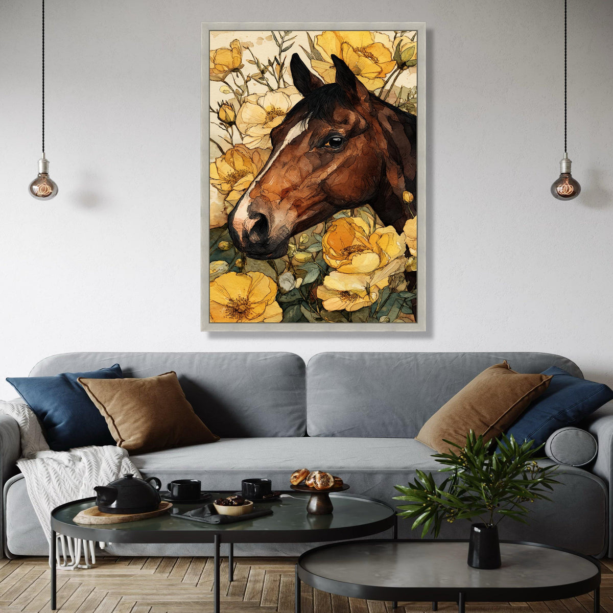 Rustic Horse Portrait Canvas, Floral Wall Art, Yellow Flower Decor, Country Style Canvas, Animal Artwork for Gift Art, Home Decor, Print