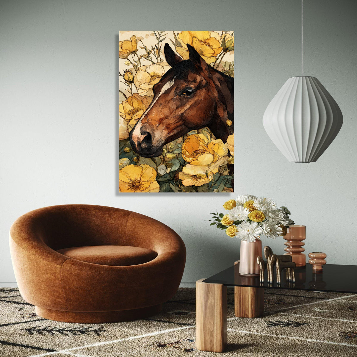 Rustic Horse Portrait Canvas, Floral Wall Art, Yellow Flower Decor, Country Style Canvas, Animal Artwork for Gift Art, Home Decor, Print
