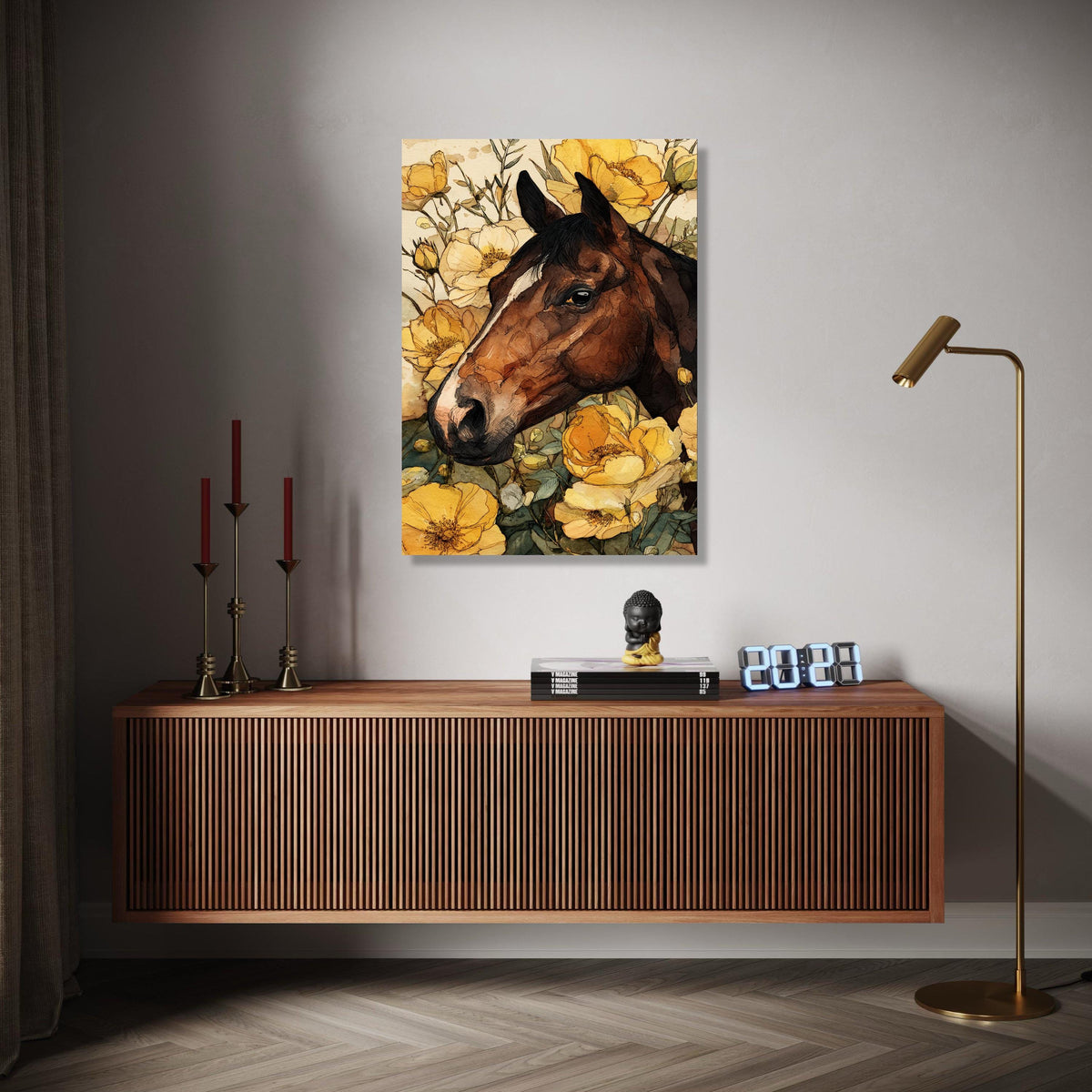 Rustic Horse Portrait Canvas, Floral Wall Art, Yellow Flower Decor, Country Style Canvas, Animal Artwork for Gift Art, Home Decor, Print