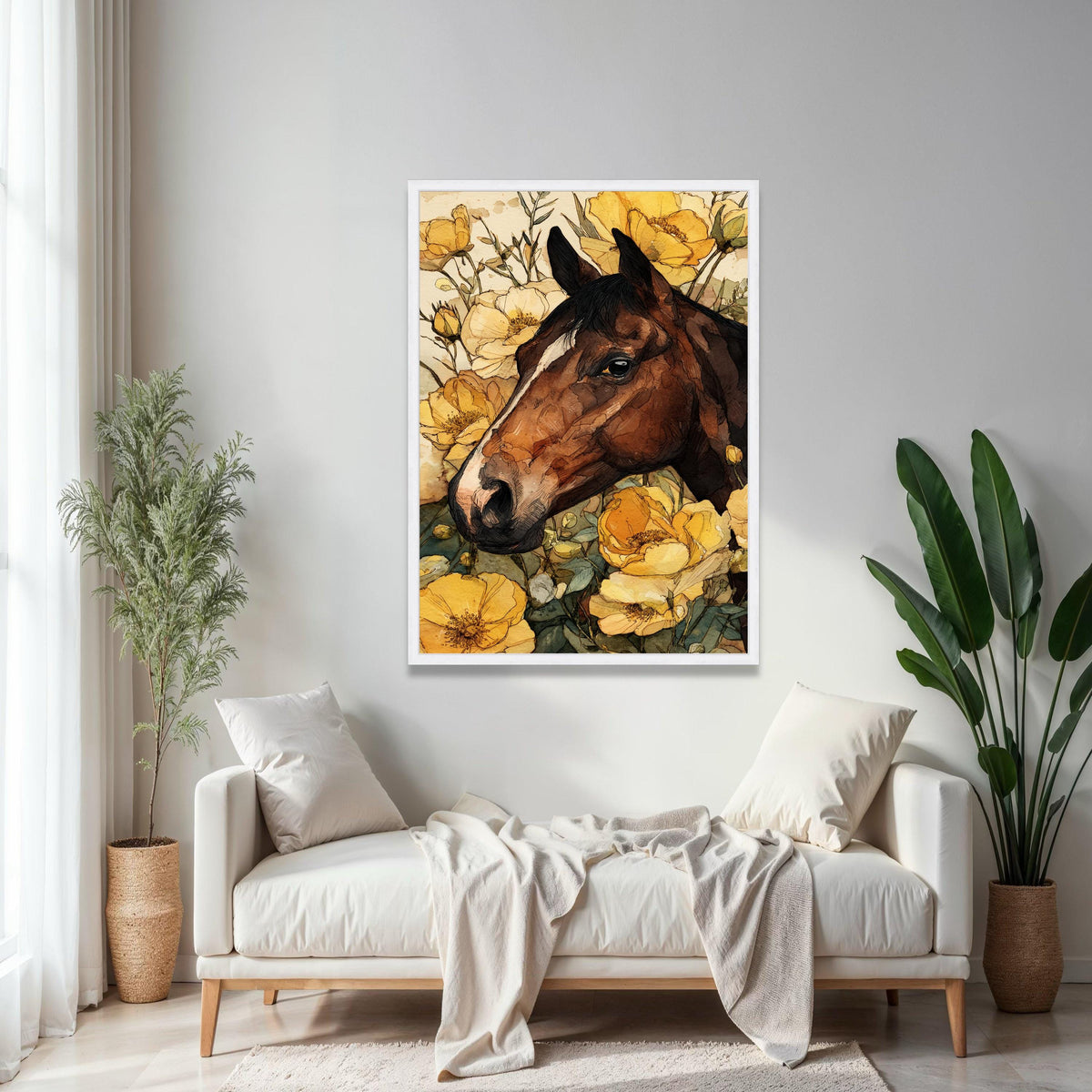 Rustic Horse Portrait Canvas, Floral Wall Art, Yellow Flower Decor, Country Style Canvas, Animal Artwork for Gift Art, Home Decor, Print