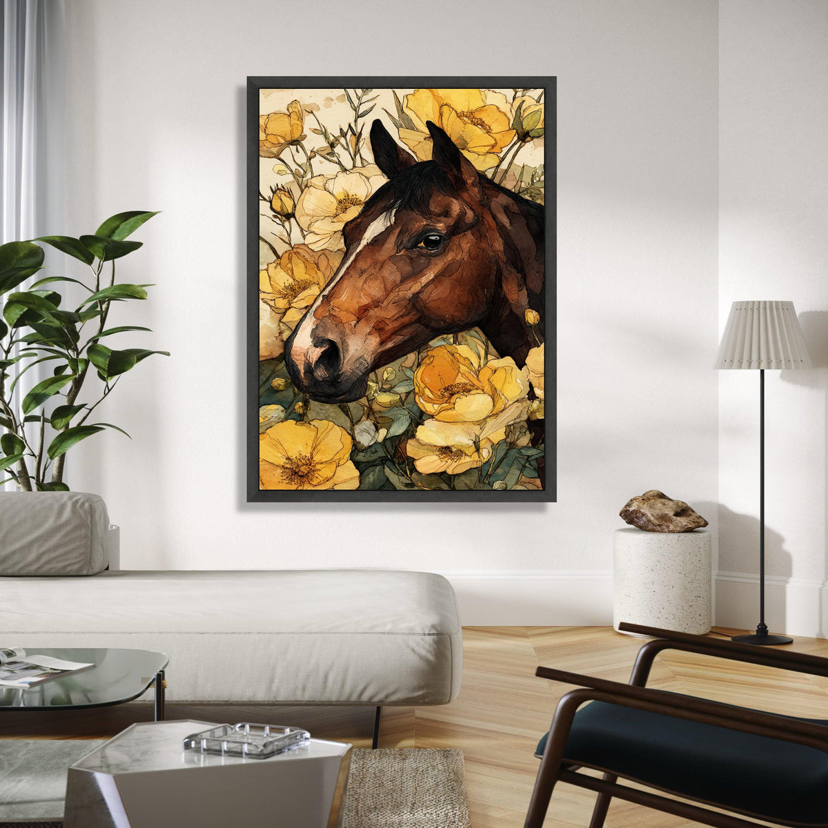 Rustic Horse Portrait Canvas, Floral Wall Art, Yellow Flower Decor, Country Style Canvas, Animal Artwork for Gift Art, Home Decor, Print