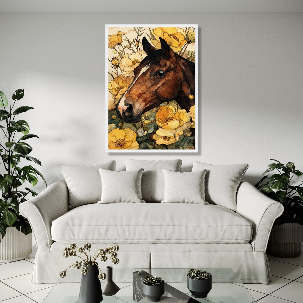 Rustic Horse Portrait Canvas, Floral Wall Art, Yellow Flower Decor, Country Style Canvas, Animal Artwork for Gift Art, Home Decor, Print