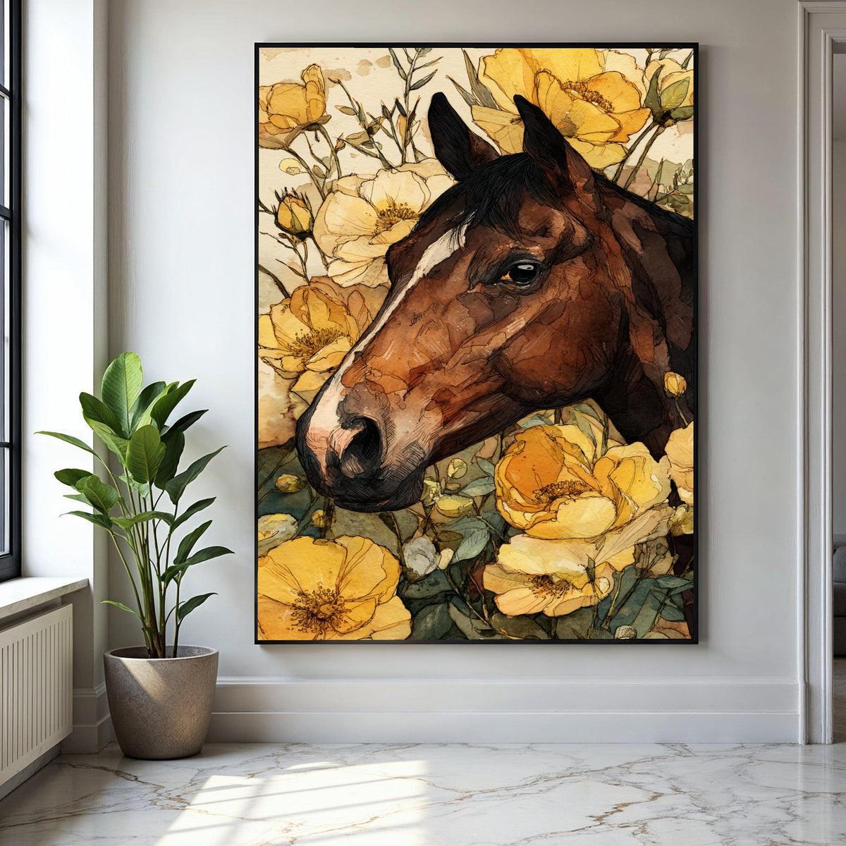 Rustic Horse Portrait Canvas, Floral Wall Art, Yellow Flower Decor, Country Style Canvas, Animal Artwork for Gift Art, Home Decor, Print