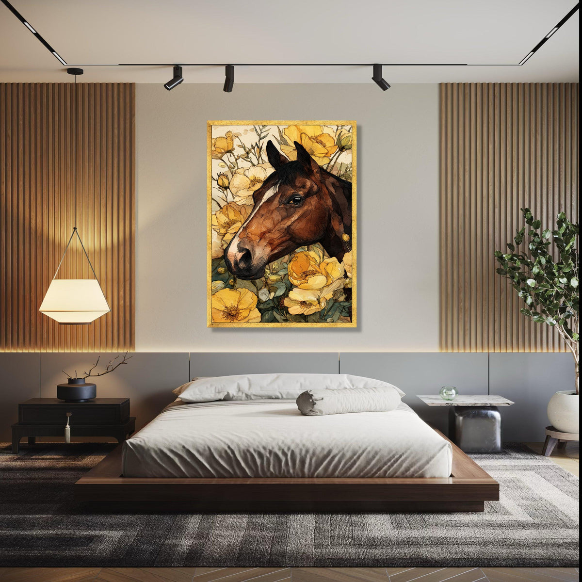 Rustic Horse Portrait Canvas, Floral Wall Art, Yellow Flower Decor, Country Style Canvas, Animal Artwork for Gift Art, Home Decor, Print