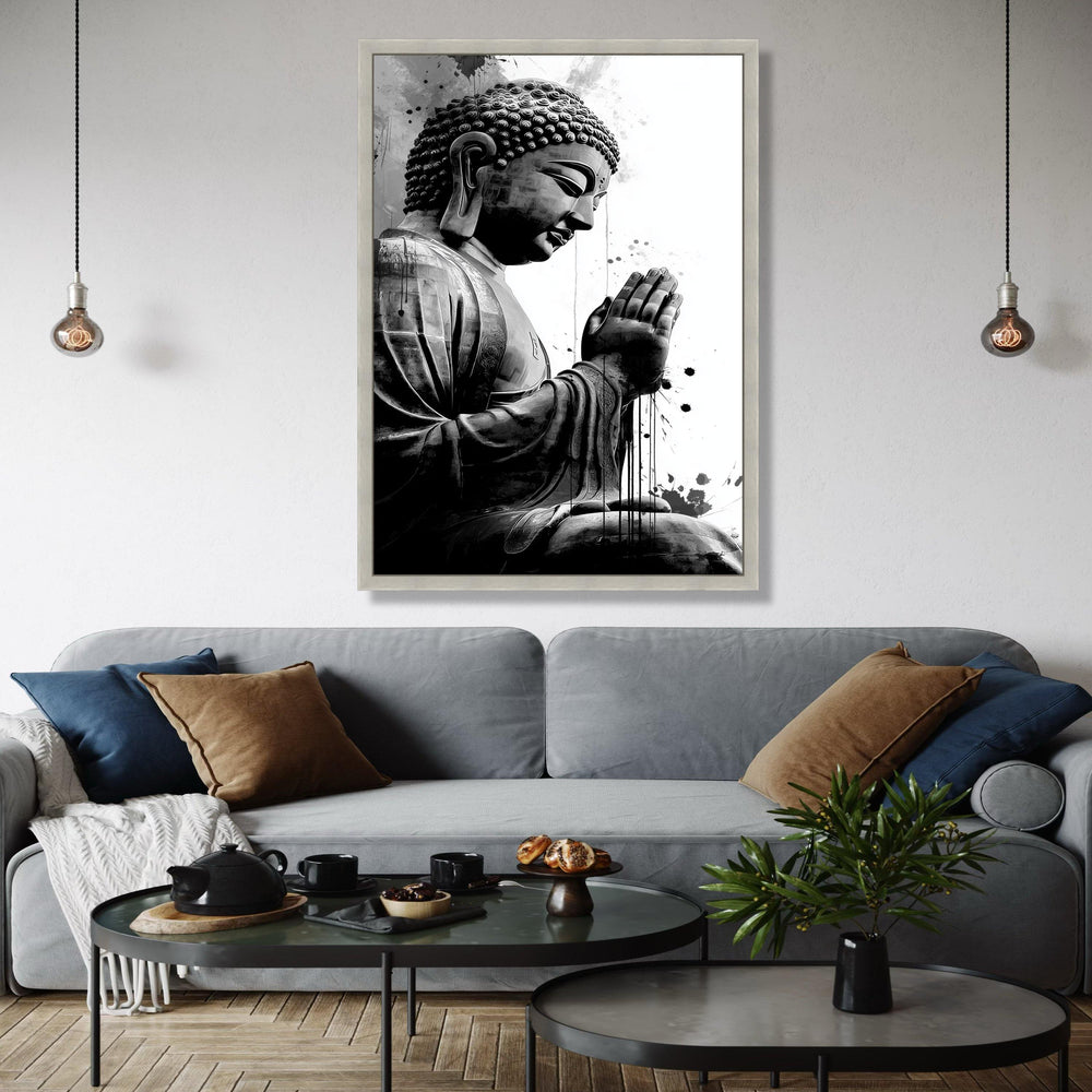Meditative Buddha Statue Canvas, Black and White Spiritual Wall Art, Zen Home Decoration, Praying Buddha Gift Art, Home Decor, Print