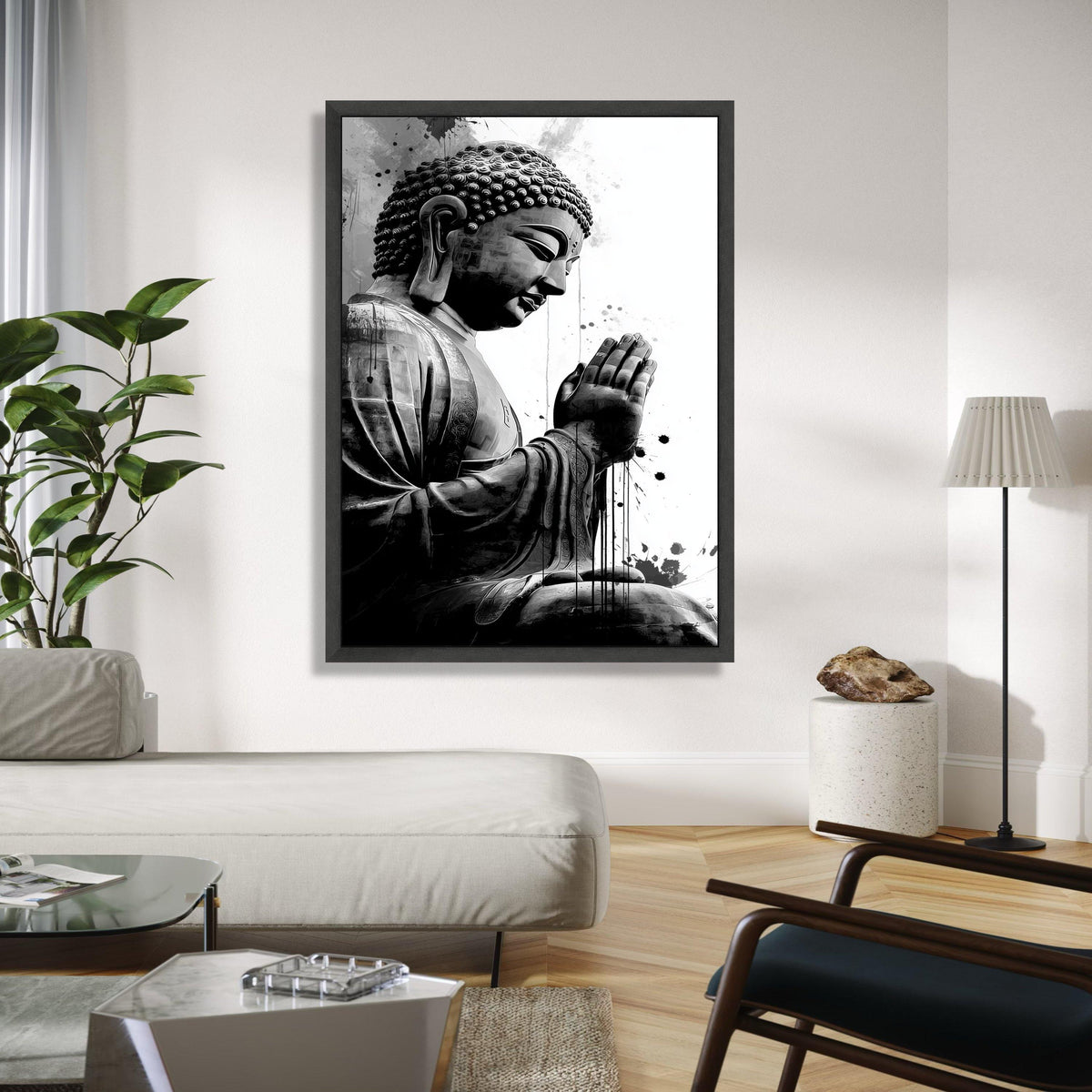 Meditative Buddha Statue Canvas, Black and White Spiritual Wall Art, Zen Home Decoration, Praying Buddha Gift Art, Home Decor, Print