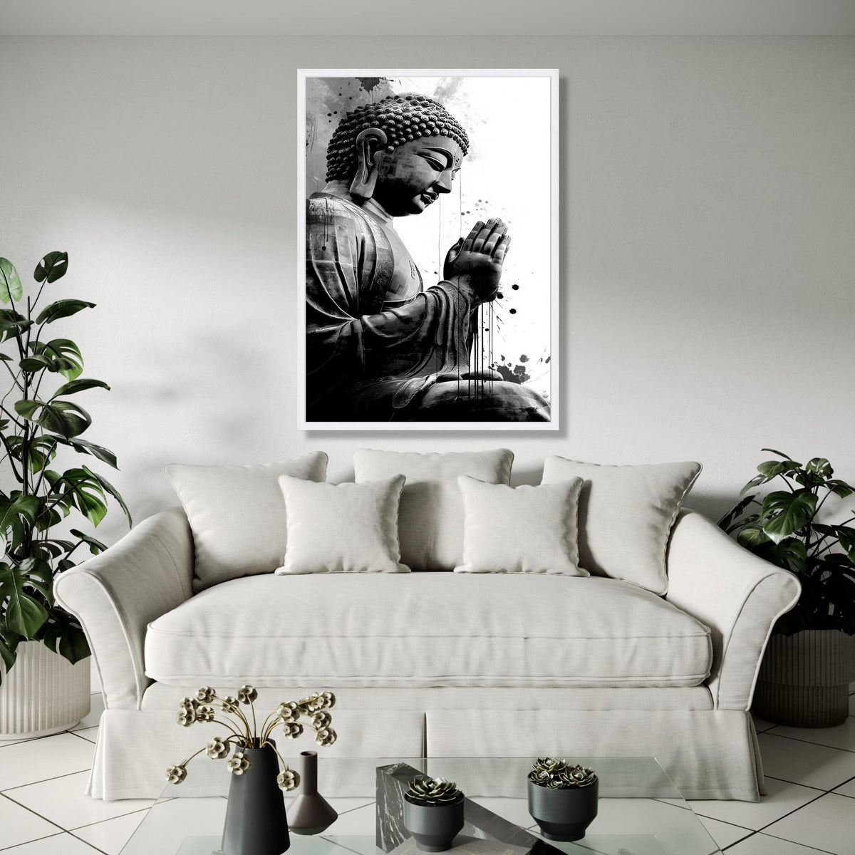 Meditative Buddha Statue Canvas, Black and White Spiritual Wall Art, Zen Home Decoration, Praying Buddha Gift Art, Home Decor, Print