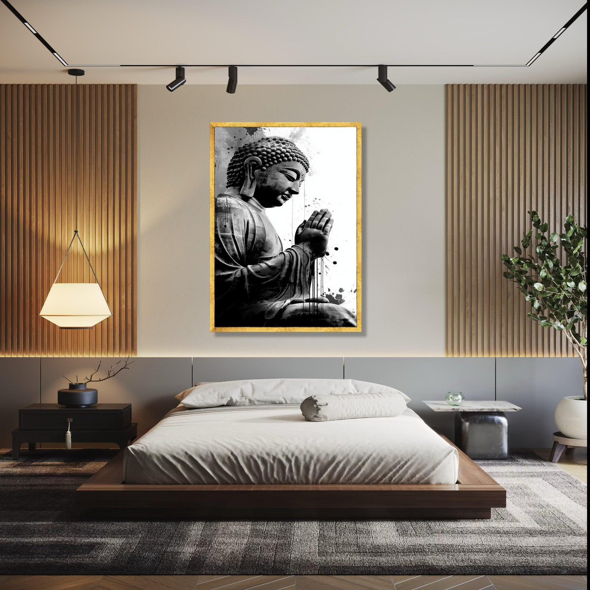 Meditative Buddha Statue Canvas, Black and White Spiritual Wall Art, Zen Home Decoration, Praying Buddha Gift Art, Home Decor, Print