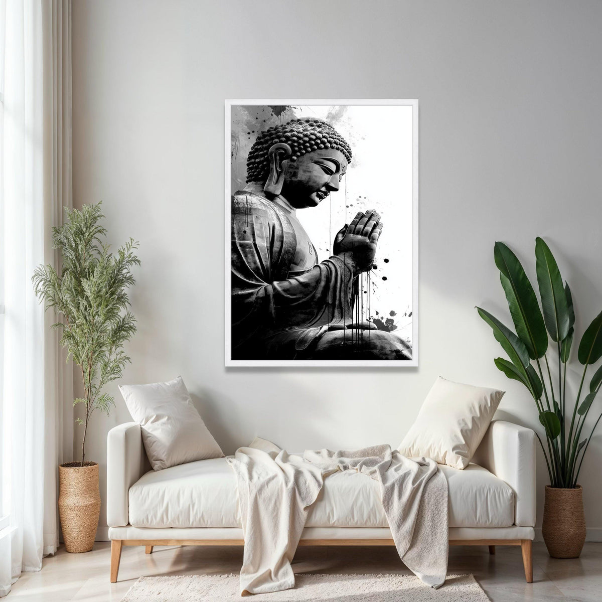 Meditative Buddha Statue Canvas, Black and White Spiritual Wall Art, Zen Home Decoration, Praying Buddha Gift Art, Home Decor, Print