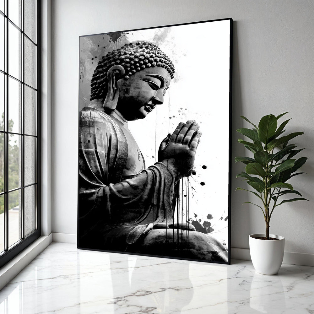 Meditative Buddha Statue Canvas, Black and White Spiritual Wall Art, Zen Home Decoration, Praying Buddha Gift Art, Home Decor, Print