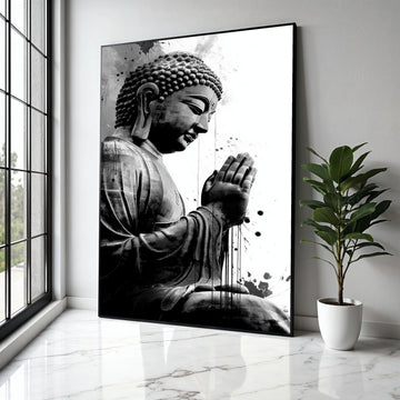 Meditative Buddha Statue Canvas, Black and White Spiritual Wall Art, Zen Home Decoration, Praying Buddha Gift Art, Home Decor, Print