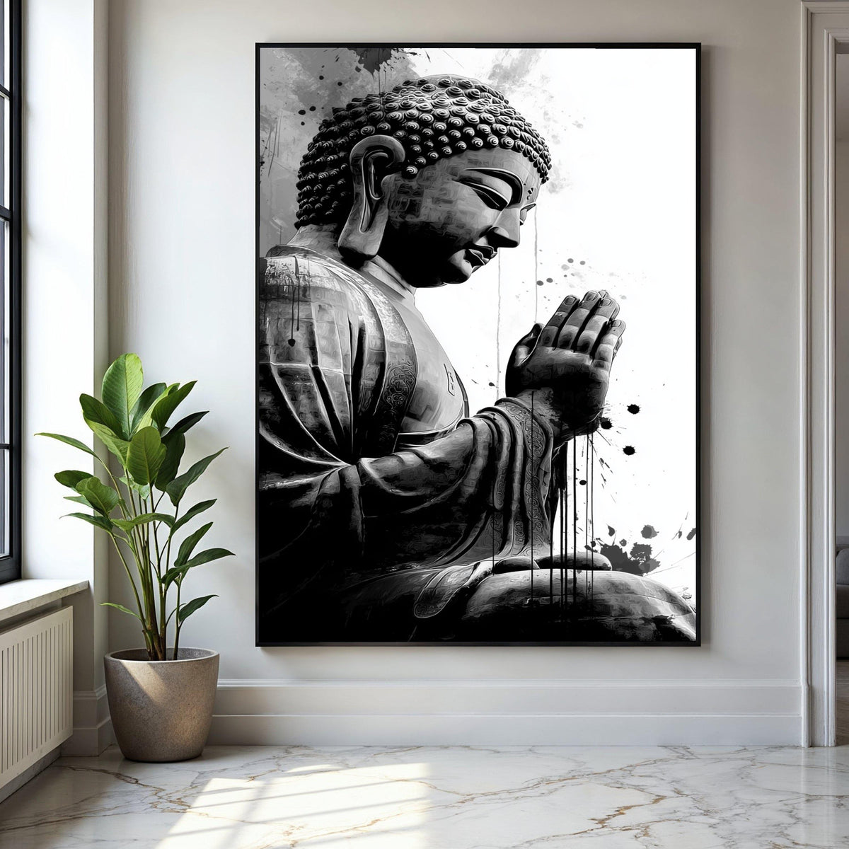 Meditative Buddha Statue Canvas, Black and White Spiritual Wall Art, Zen Home Decoration, Praying Buddha Gift Art, Home Decor, Print