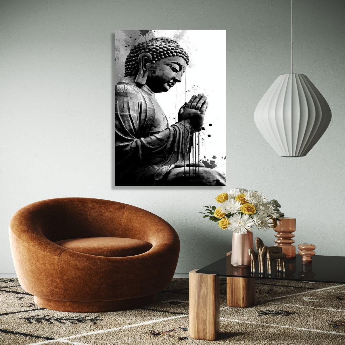 Meditative Buddha Statue Canvas, Black and White Spiritual Wall Art, Zen Home Decoration, Praying Buddha Gift Art, Home Decor, Print