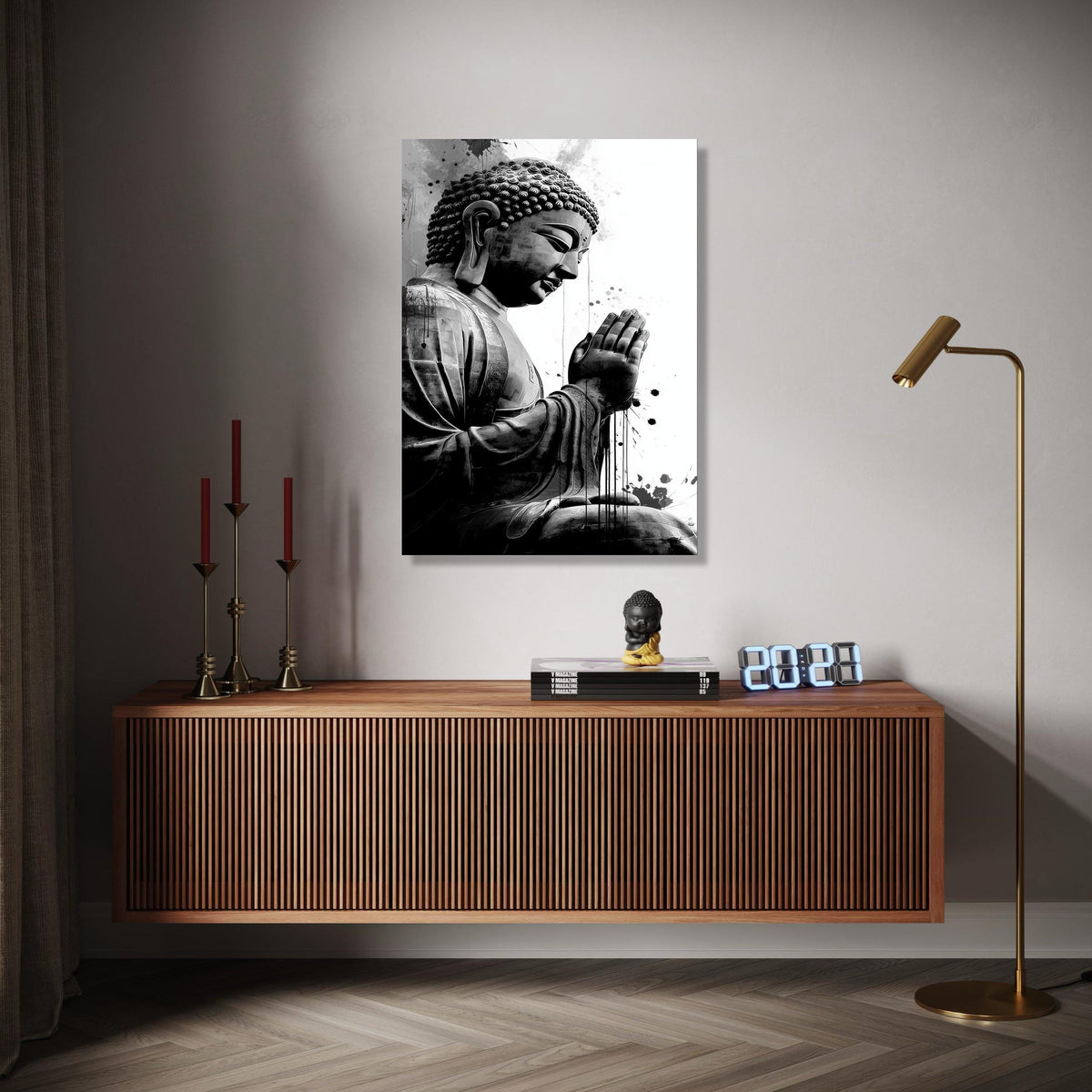 Meditative Buddha Statue Canvas, Black and White Spiritual Wall Art, Zen Home Decoration, Praying Buddha Gift Art, Home Decor, Print