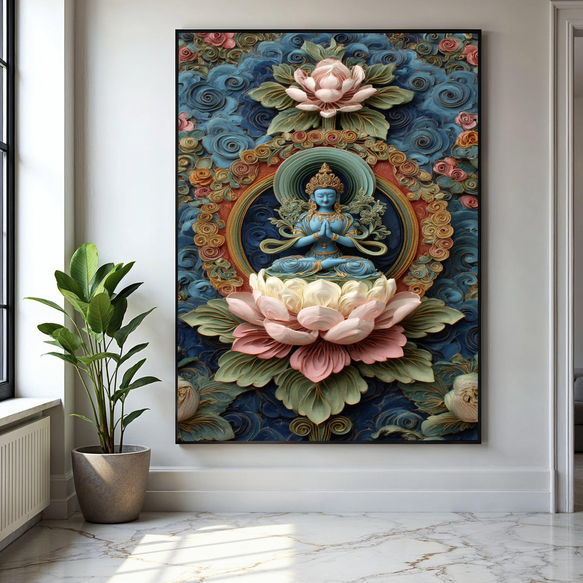 Blue Buddha Statue Canvas, Lotus Flower Wall Art, Spiritual Meditation Decor, Ornate Floral Background, Asian Gift Art, Home Decor, Print