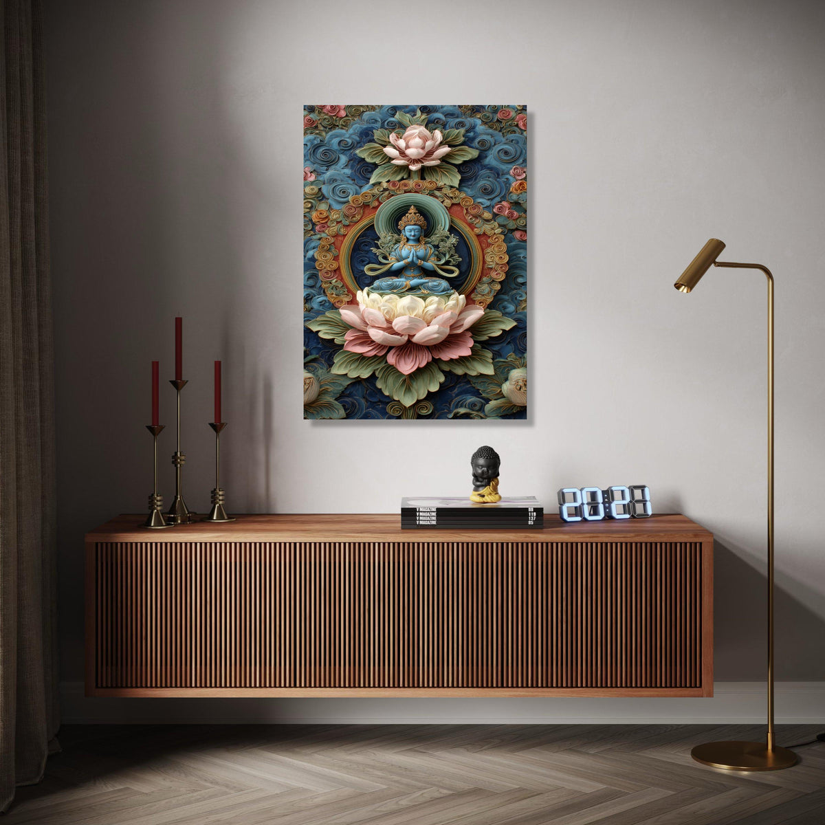 Blue Buddha Statue Canvas, Lotus Flower Wall Art, Spiritual Meditation Decor, Ornate Floral Background, Asian Gift Art, Home Decor, Print