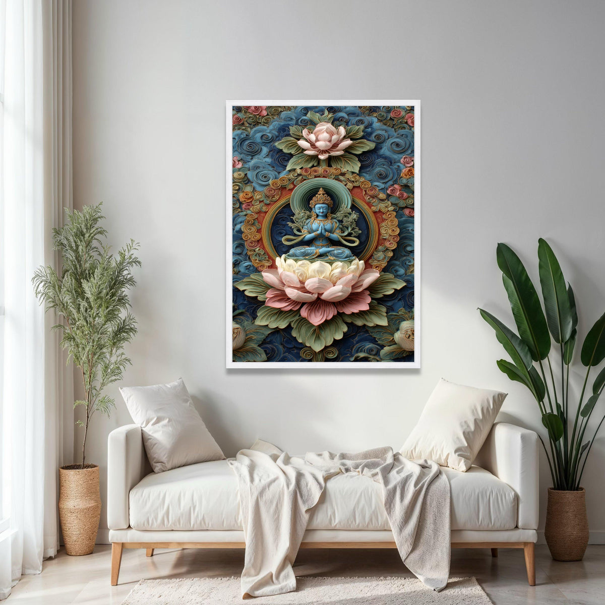 Blue Buddha Statue Canvas, Lotus Flower Wall Art, Spiritual Meditation Decor, Ornate Floral Background, Asian Gift Art, Home Decor, Print