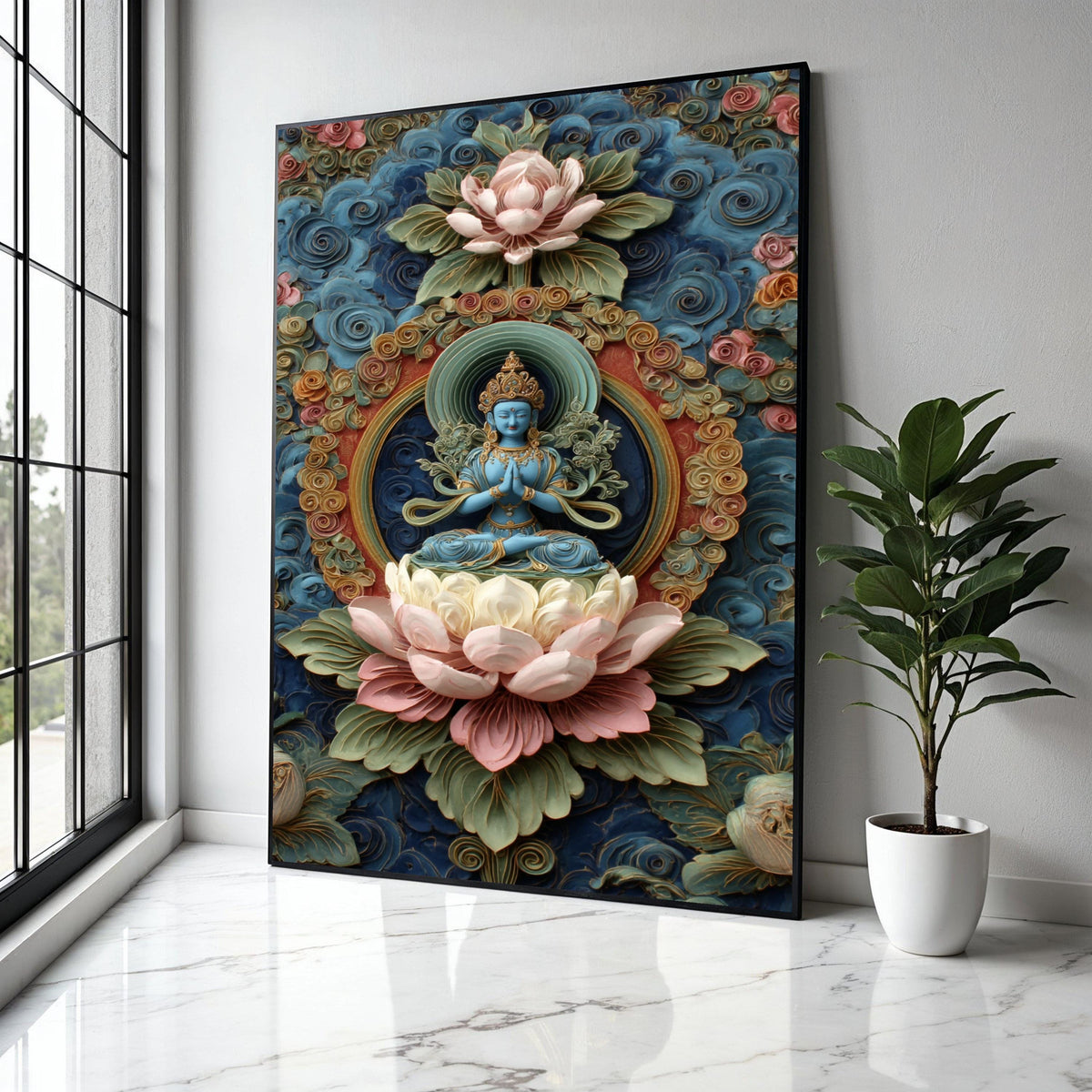 Blue Buddha Statue Canvas, Lotus Flower Wall Art, Spiritual Meditation Decor, Ornate Floral Background, Asian Gift Art, Home Decor, Print