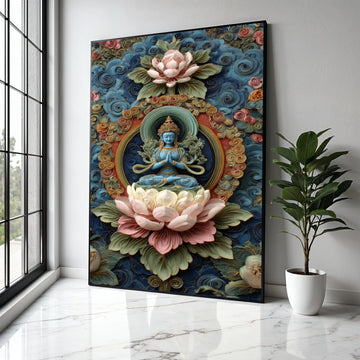 Blue Buddha Statue Canvas, Lotus Flower Wall Art, Spiritual Meditation Decor, Ornate Floral Background, Asian Gift Art, Home Decor, Print