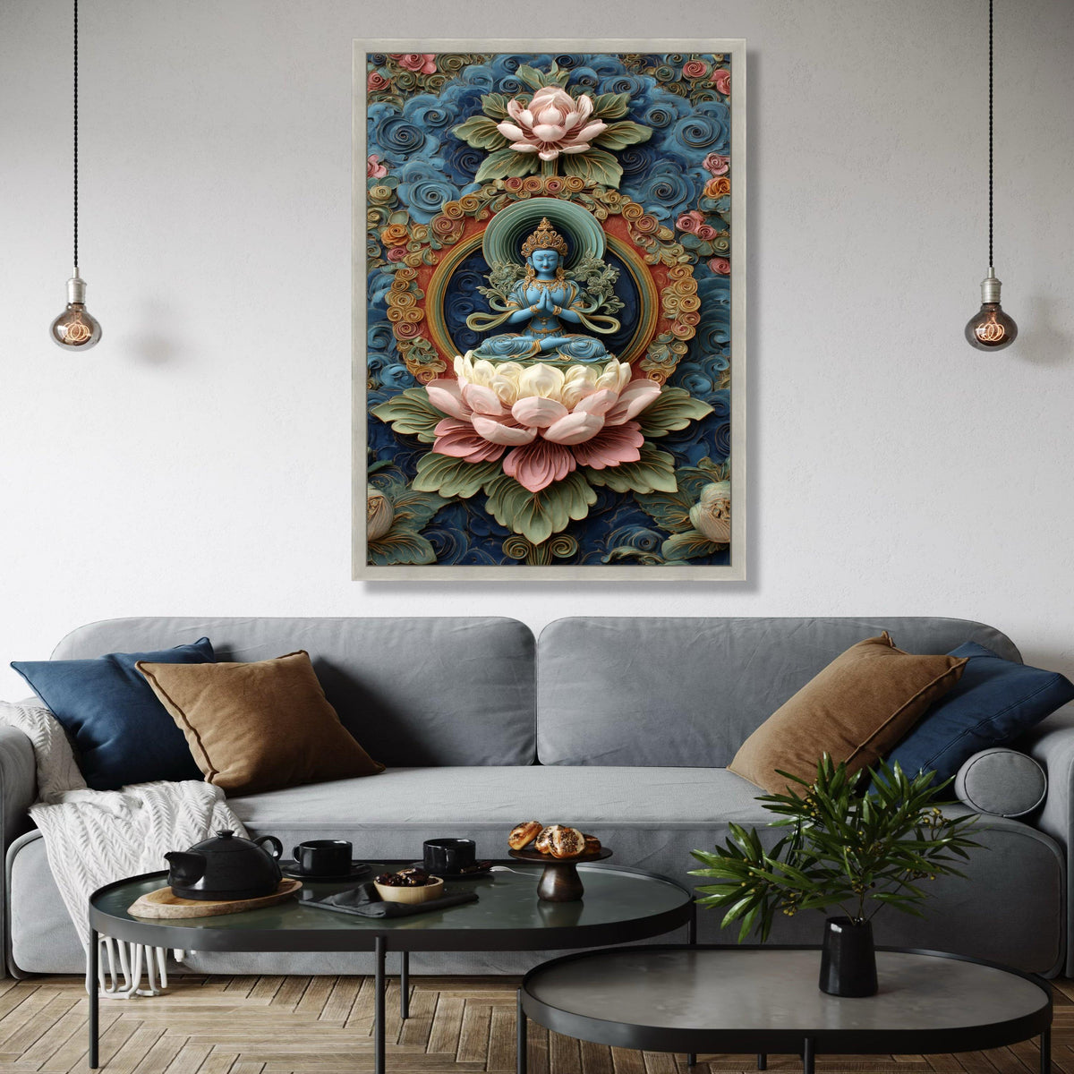 Blue Buddha Statue Canvas, Lotus Flower Wall Art, Spiritual Meditation Decor, Ornate Floral Background, Asian Gift Art, Home Decor, Print
