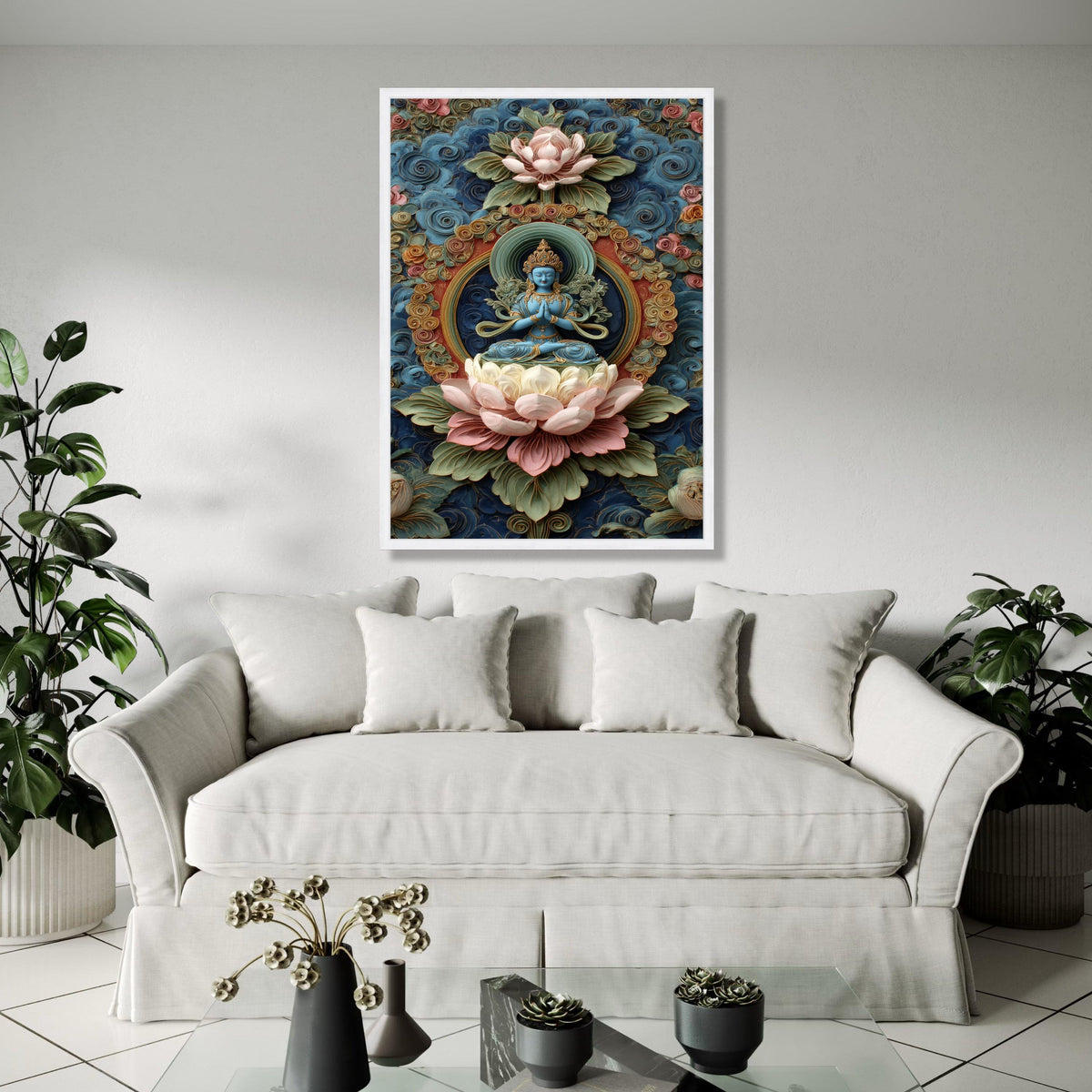 Blue Buddha Statue Canvas, Lotus Flower Wall Art, Spiritual Meditation Decor, Ornate Floral Background, Asian Gift Art, Home Decor, Print